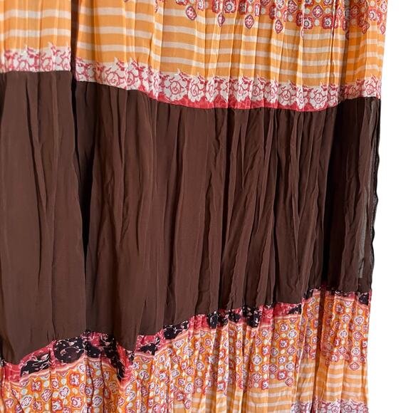 Vintage USA Made Crinkle Pleat Midi Skirt Chocolate Brown Patchwork Print Size L - Picture 6 of 7